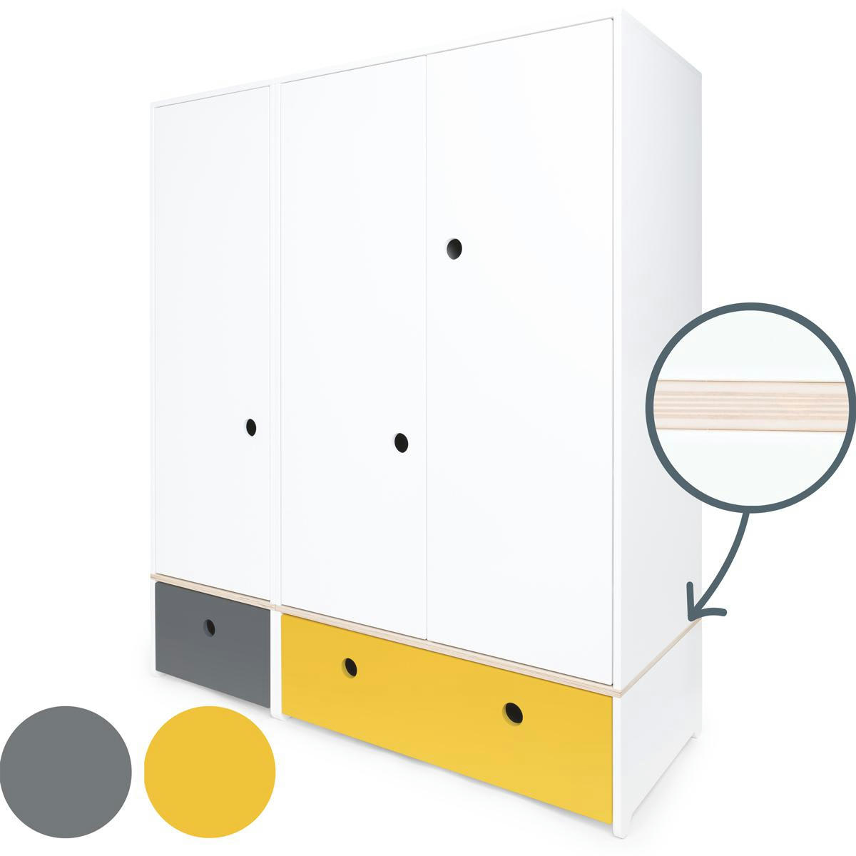 COLORFLEX - Armoire 3 portes façades tiroirs gris espace-jaune