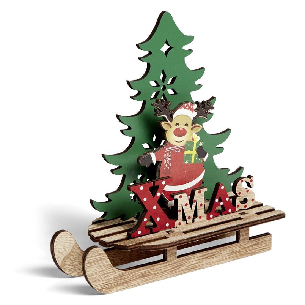 Décoration No&euml;l à poser en bois luge avec Père No&euml;l ou renne H19cm