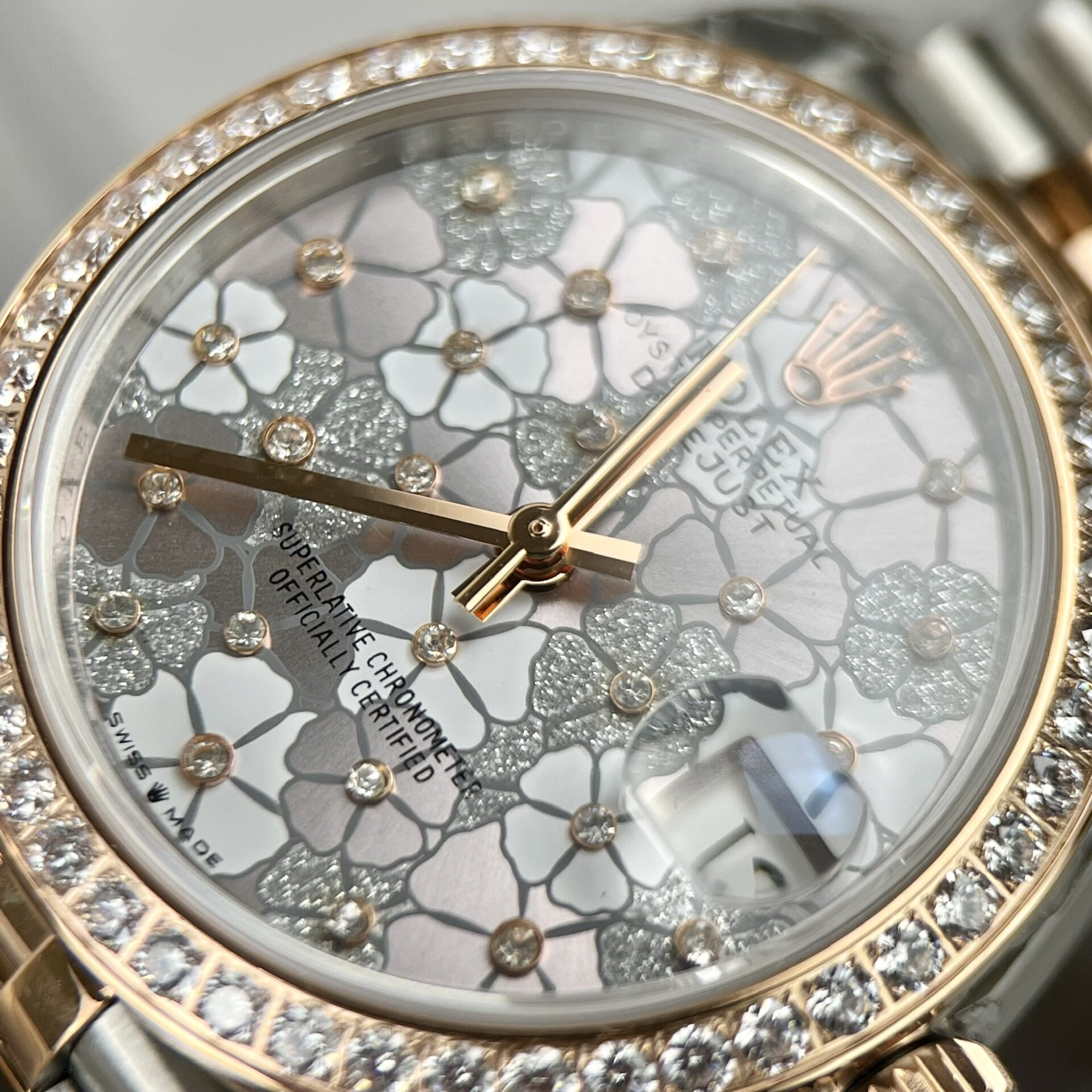 Rolex Datejust SS/RG Plated Flower Silver Dial CZ Diamonds 31mm Jub AAA Replica
