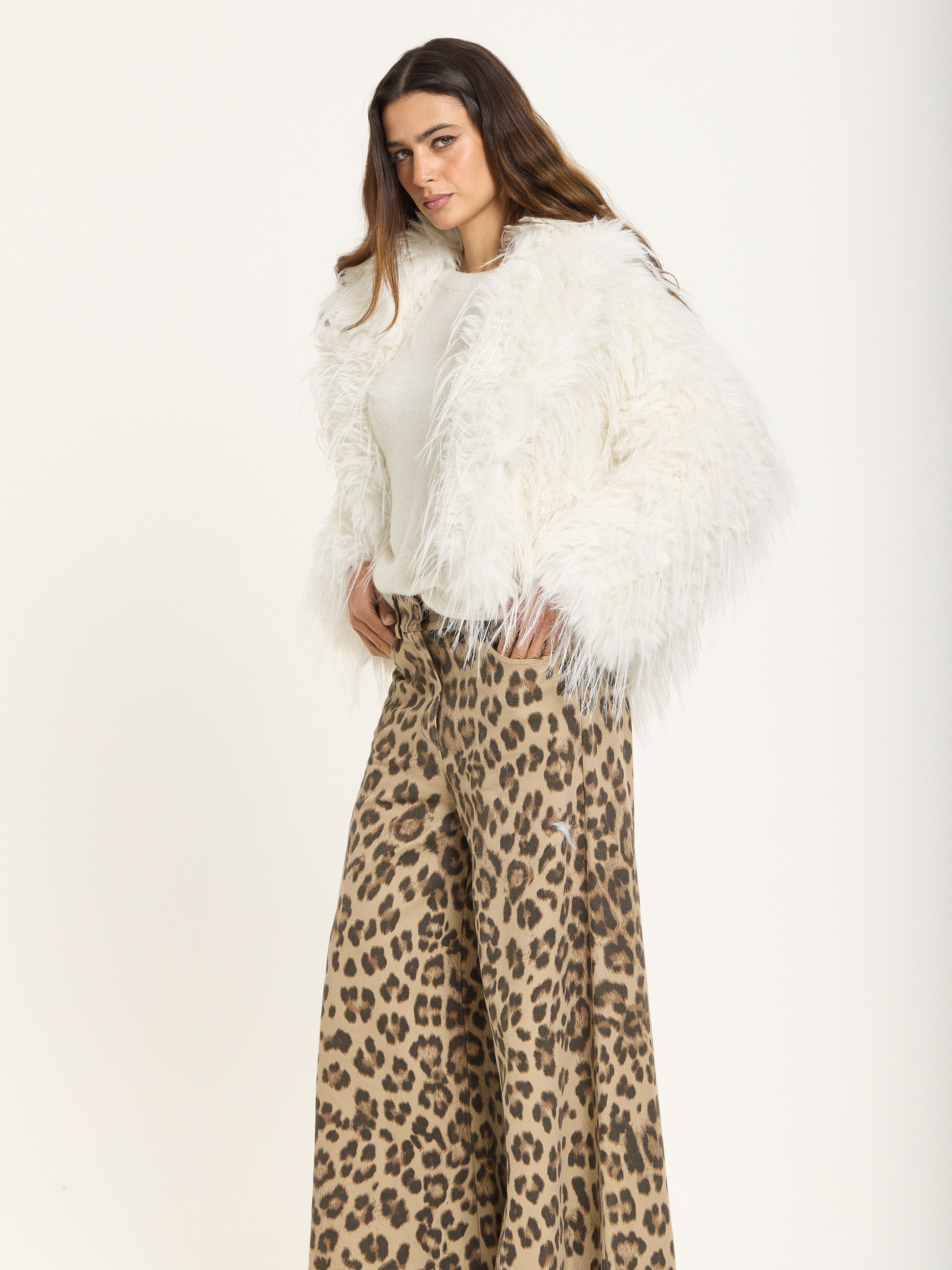 House of Holland Cream Shaggy Faux Fur Jacket