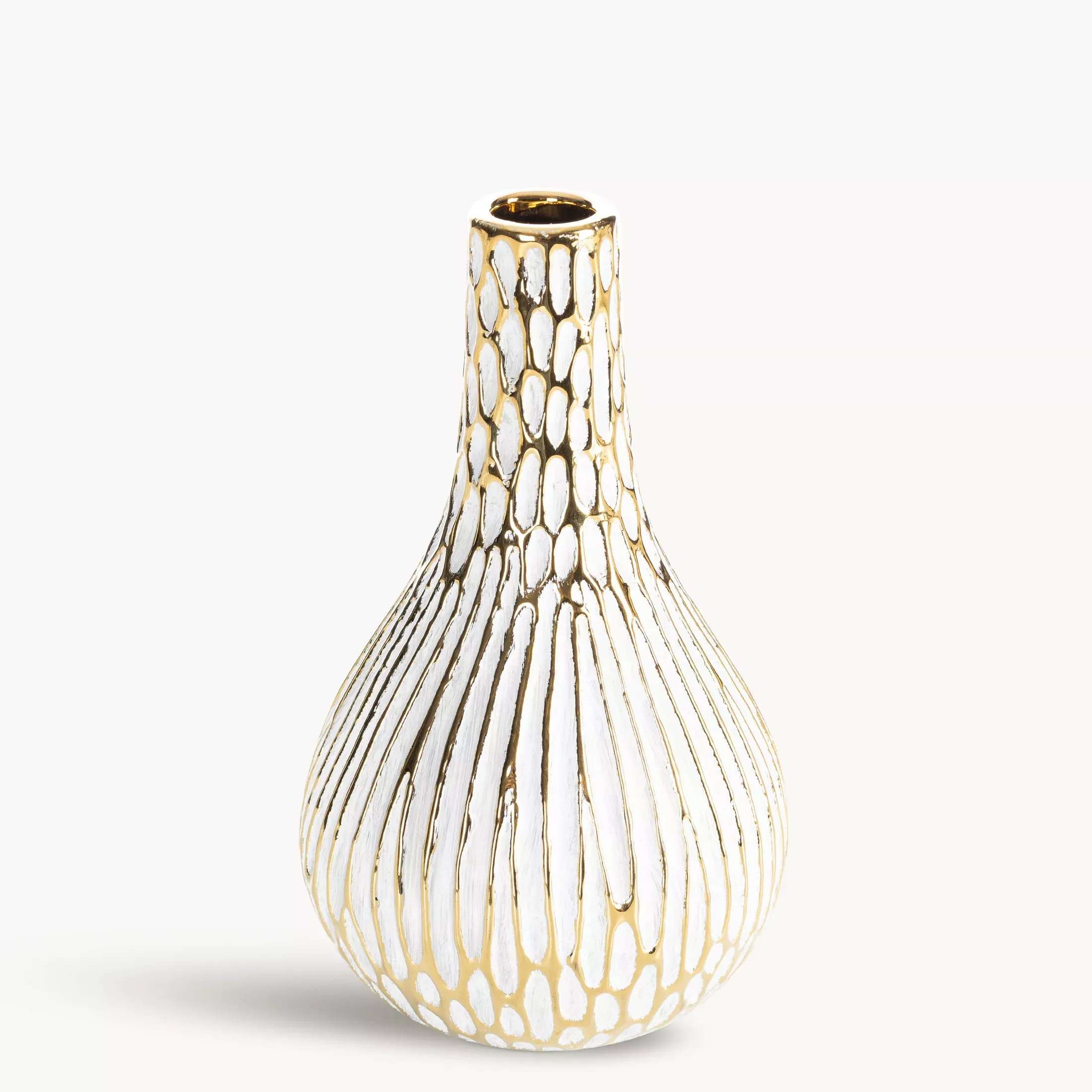 Wazon ceramiczny biało, złoty o ozdobnej fakturze 12x20 cm ANDREA