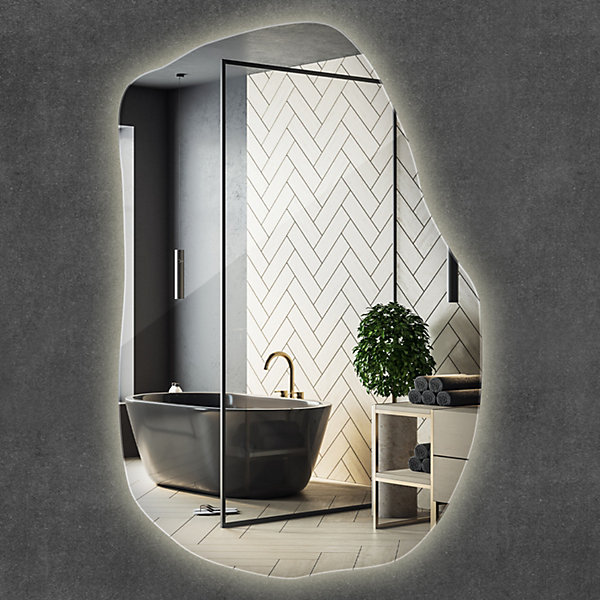 Miroir LED Organique Galet Asymétrique Wallfluent 90x59cm Lumière Neutre Salle de Bain Design Moderne