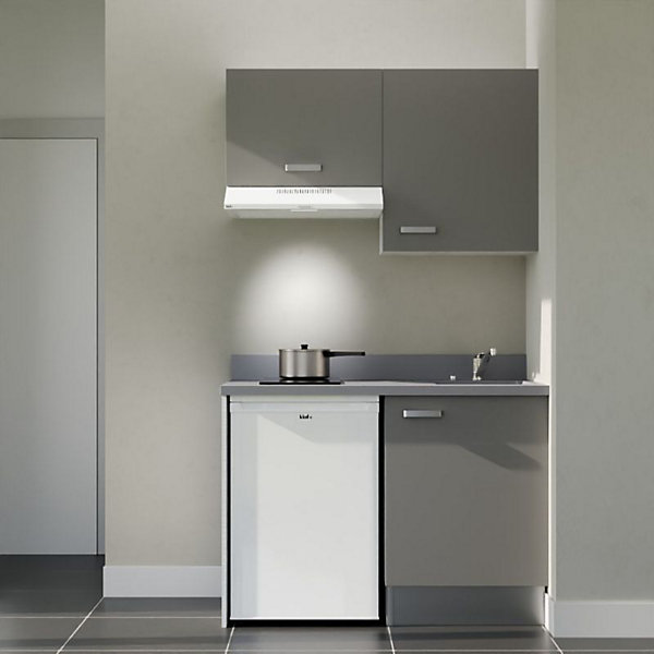 Kitchenette K01 - 120 cm - façades Gris - Plan monobloc en quartz coloris Cromo évier à droite - Electroménager Blanc