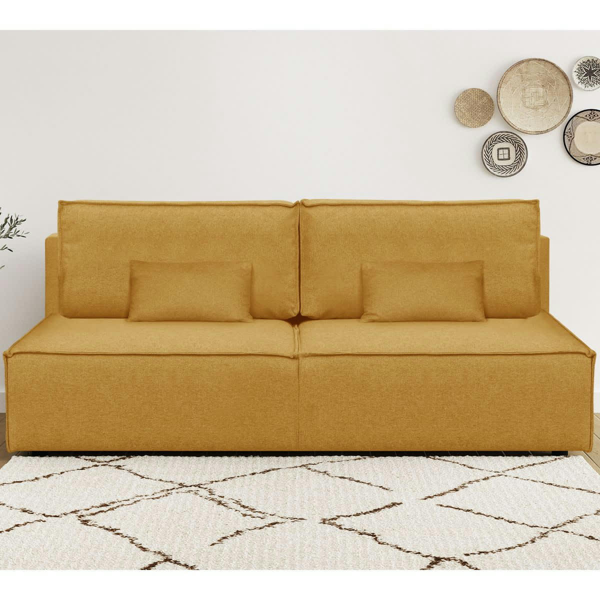 MILLA NEW - Canapé convertible 3 places avec coffre en tissu jaune moutarde