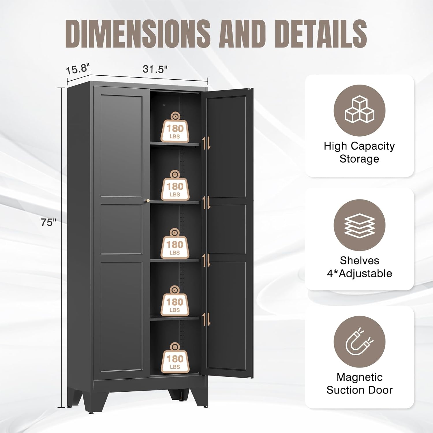 Yizosh Metal Pantry Cabinet, 75 Kitchen Pantry with 2 Door and 4 Adjustable Shelves,Black Metal Pantry Storage Cabinet,Cupboard for Kitchen,Dining Room,Living Room and Bathroom