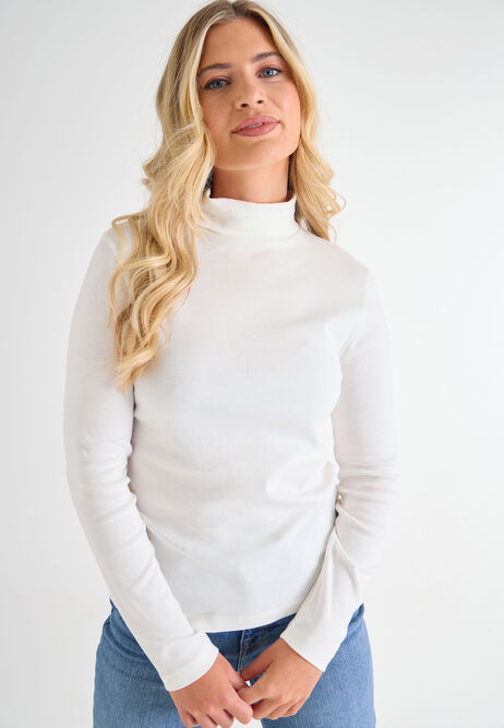 Womens Cream Plain Long Sleeve Roll Neck Top
