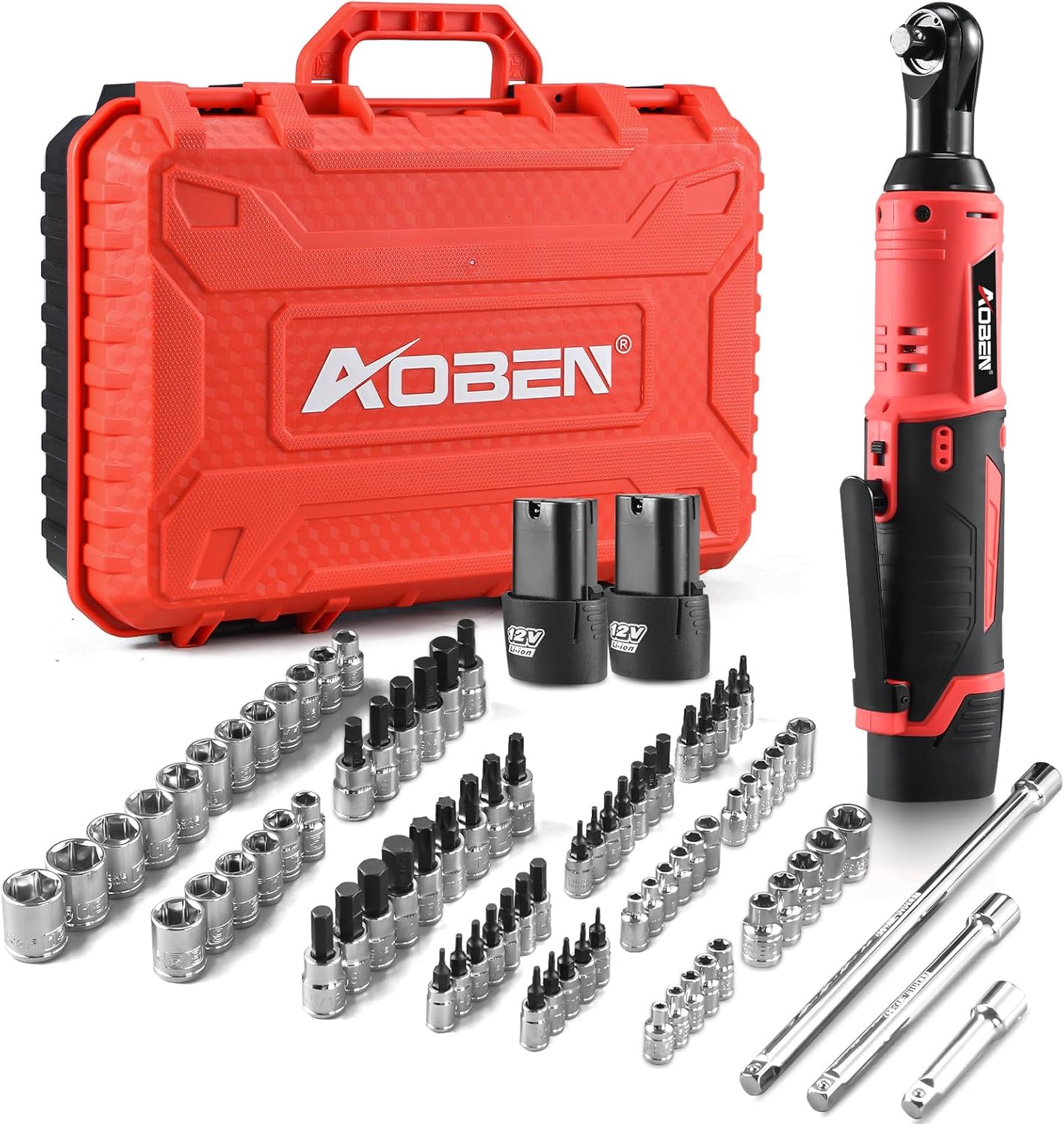 AOBEN Cordless Ratchet Wrench Kit,3/8 ratchet,40 Ft-lbs Electric Power Ratchet Set with Variable Speed Trigger,2 Packs 2000mAh Lithium-Ion Battery And Charger,83 Sockets