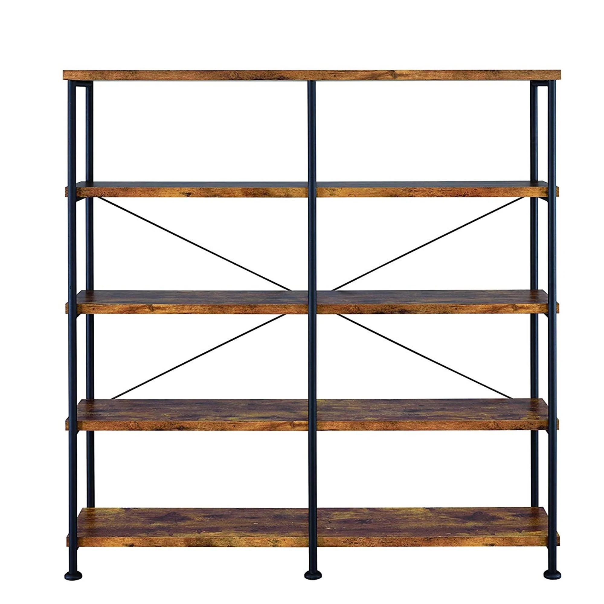Olga 63 Inch Industrial 4 Tier Shelf Bookshelf, Particleboard, Metal Frame, Brown, Black