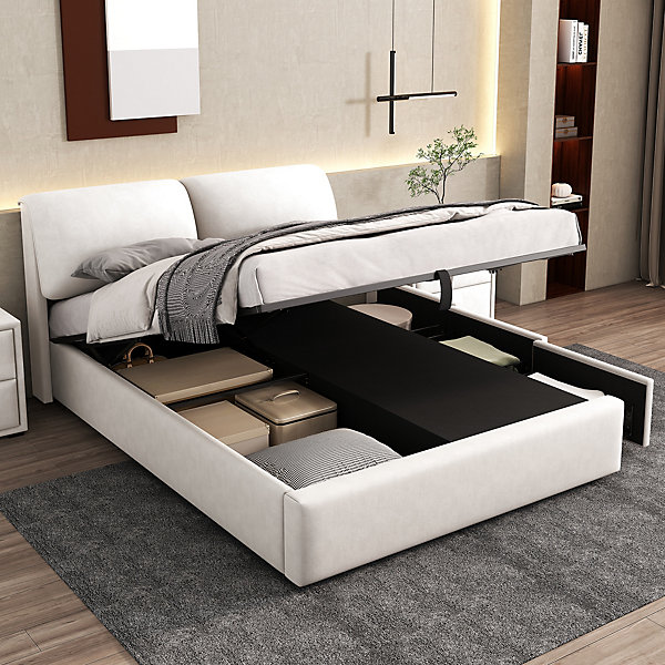Lit 140x200 cm tapissé velours beige avec coffre intégré, 3 tiroirs latéraux et tête de lit réglable