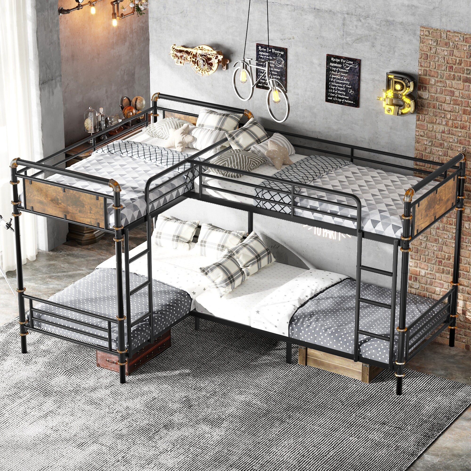 Quad Bunk Bed for 4 Kids, Heavy Duty Metal Twin Bunk Bed Frame, Detachable Triple Bunk Bed, Can Be Divided Into 3 Twin Beds