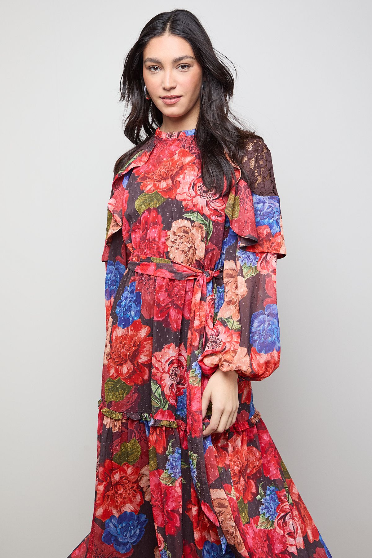 Oasis Printed Chiffon Cape Detail Belted Waist Midi Dress