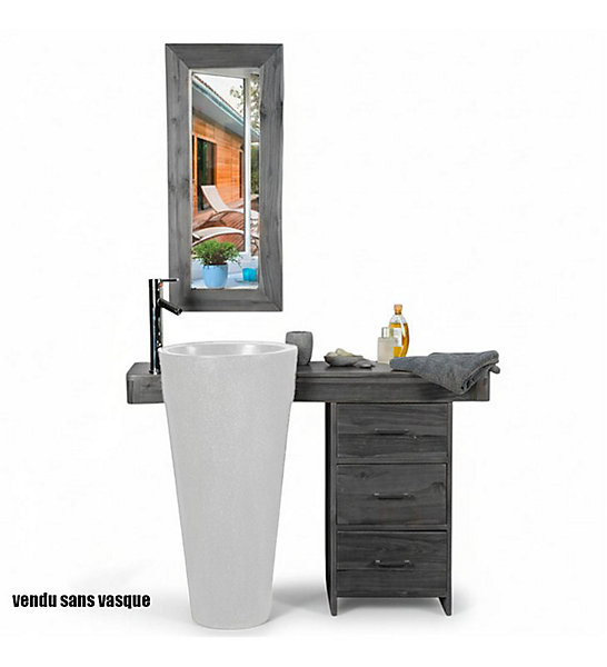Ensemble meuble salle de bain teck gris 120 cm avec tiroirs et miroir compatible vasque colonne sur pied 45 x 90 cm
