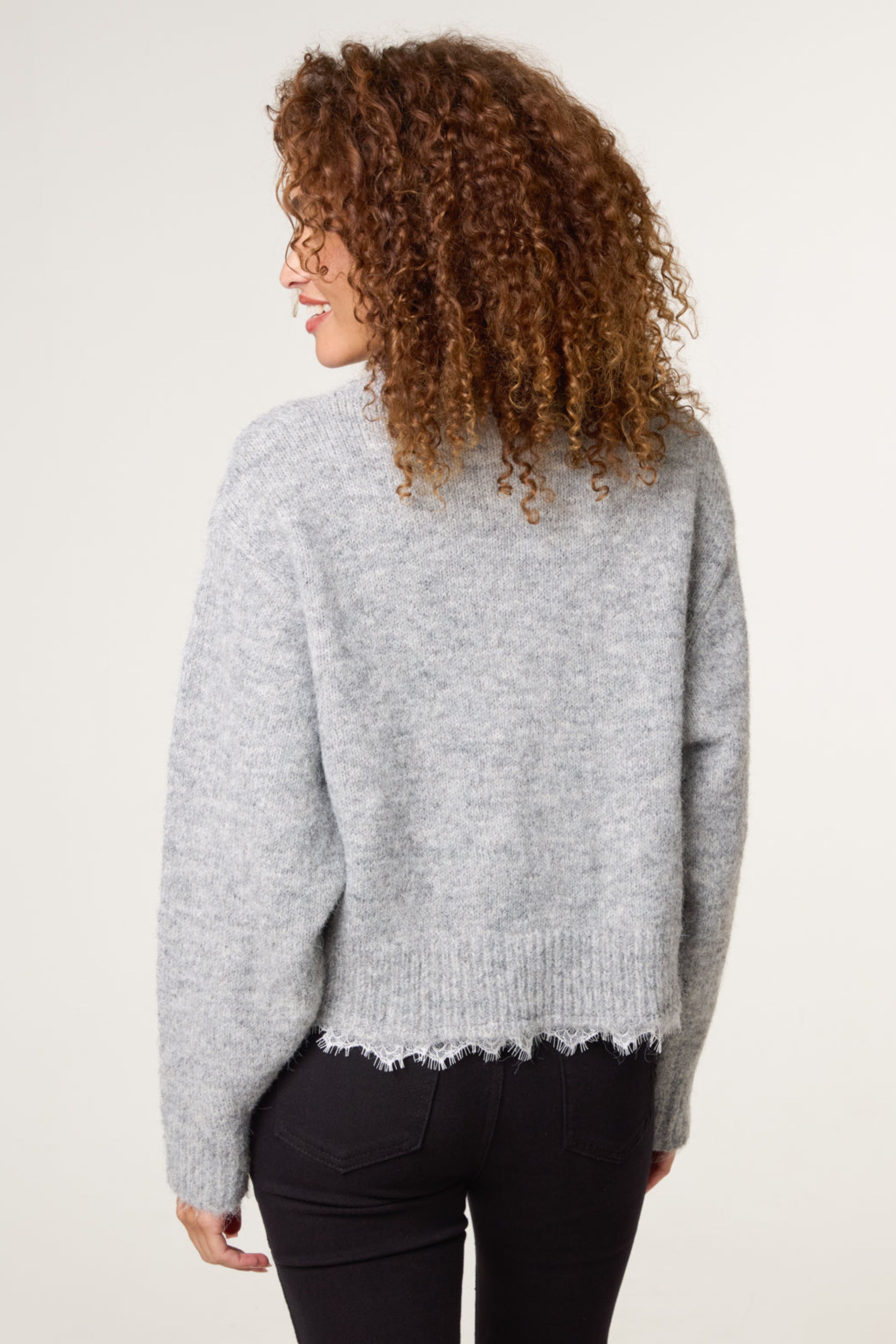 Blue Vanilla Grey Lace Detailed Crew Neck Jumper