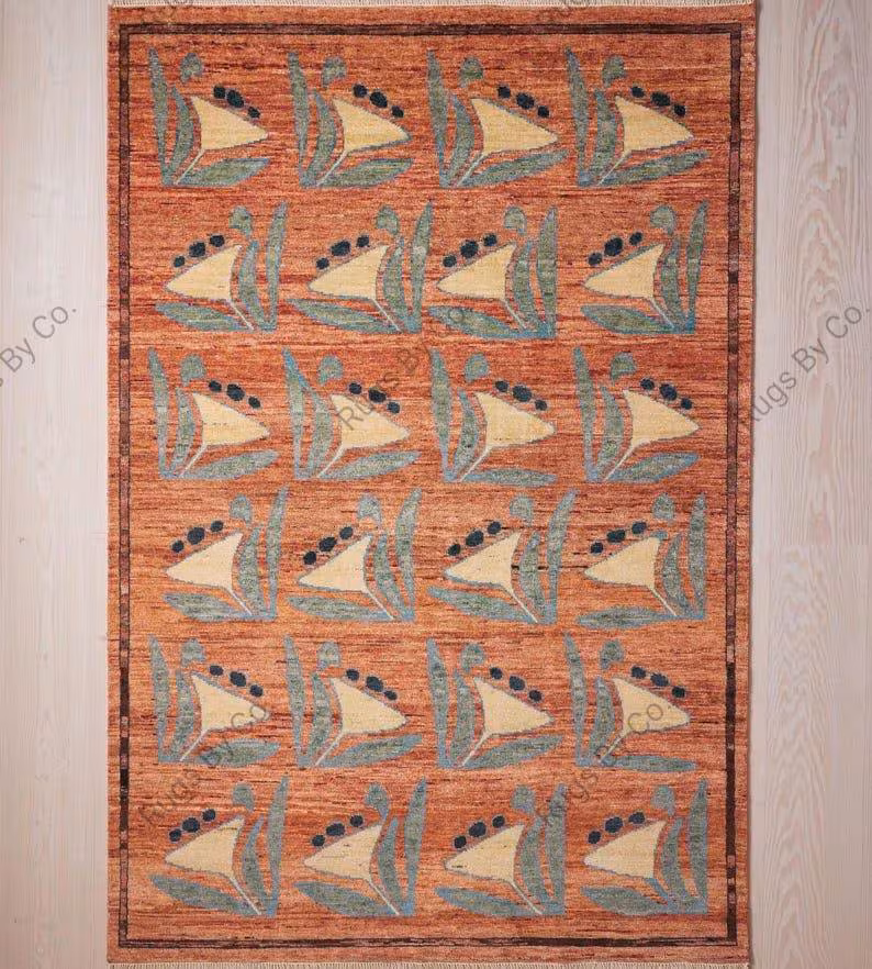 Turkish Oushak Wool Rug 8x10, Hand Knotted, Geometric & Floral Pattern, Rustic Orange.