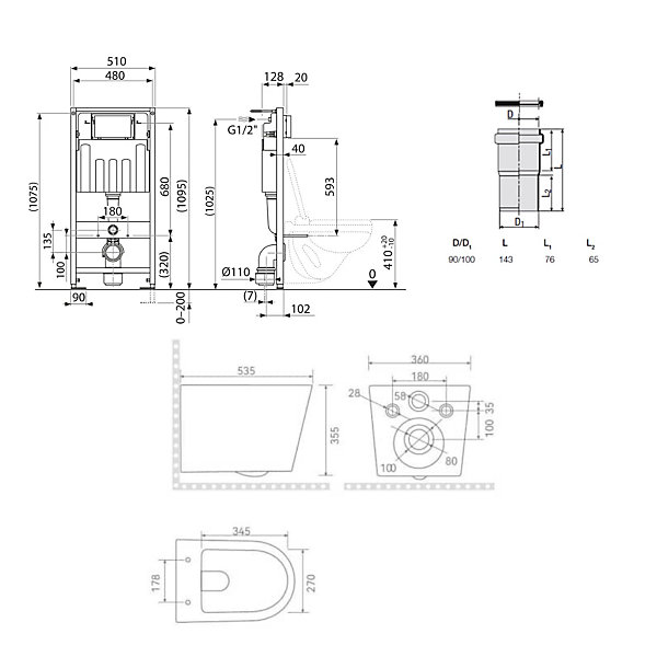 Pack WC bâti-support sol-mur Villeroy &Boch   WC suspendu sans bride Ceramia   abattant SoftClose   plaque blanche (VCNCETOR2)