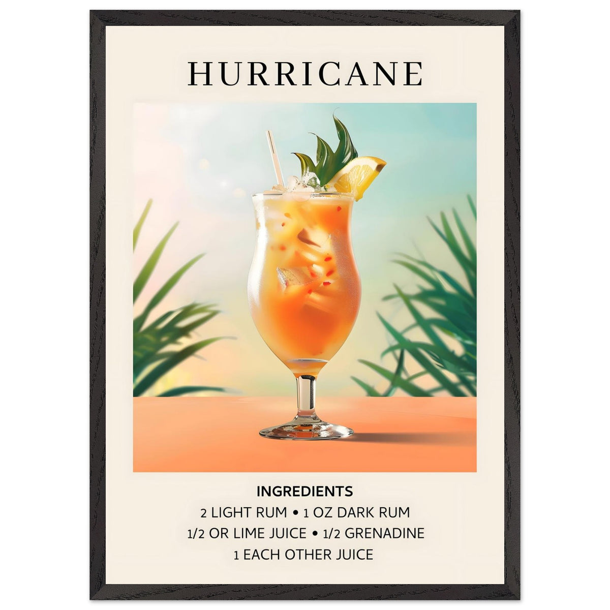 Artfulprints Poster met Lijst Hurricane cocktail - Ingrediënten  - 50x70 cm - Meerkleurig