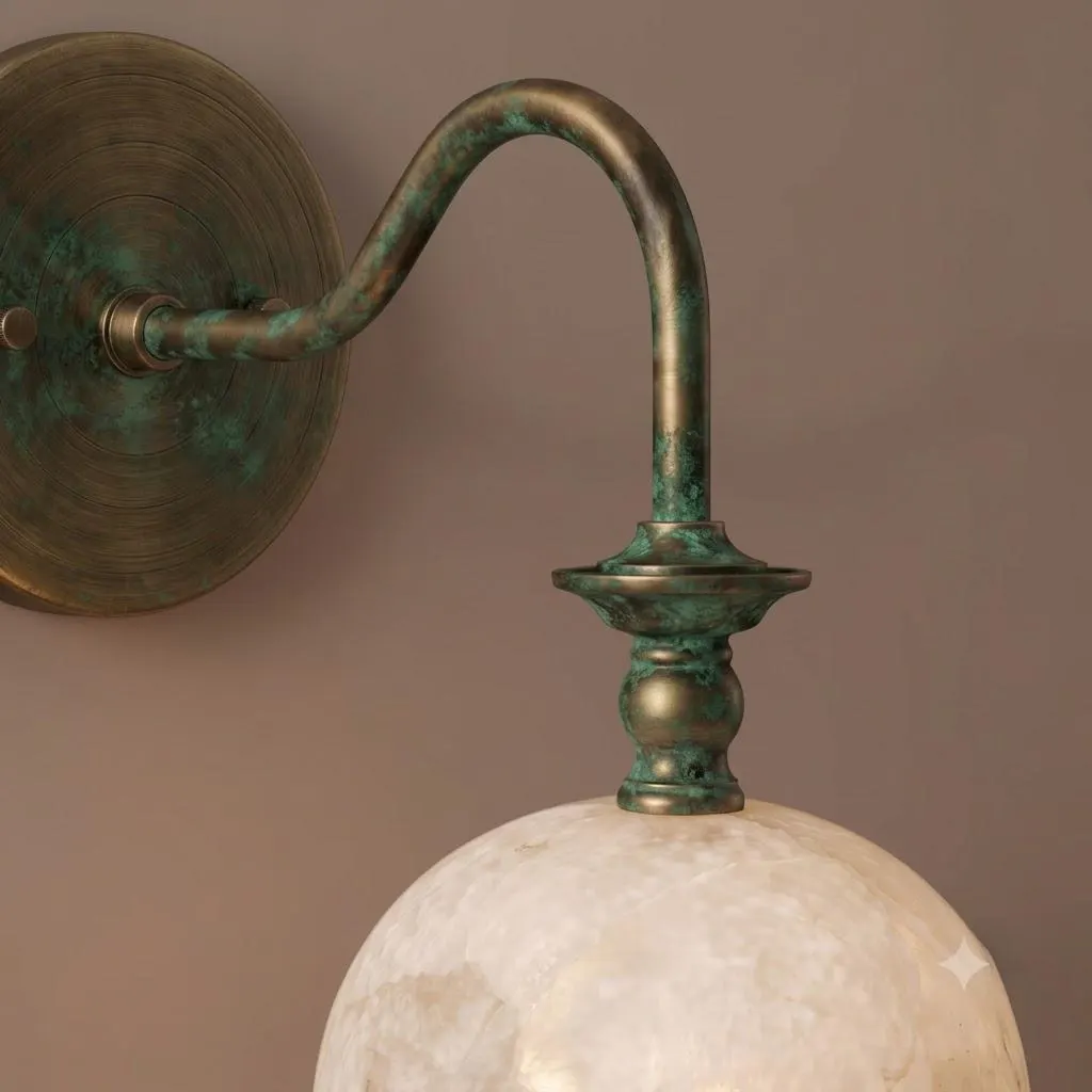 Vintage Brass Wall Sconce with Marble Alabaster Shade, Antique Gooseneck Wall Light Fixture for Living Room