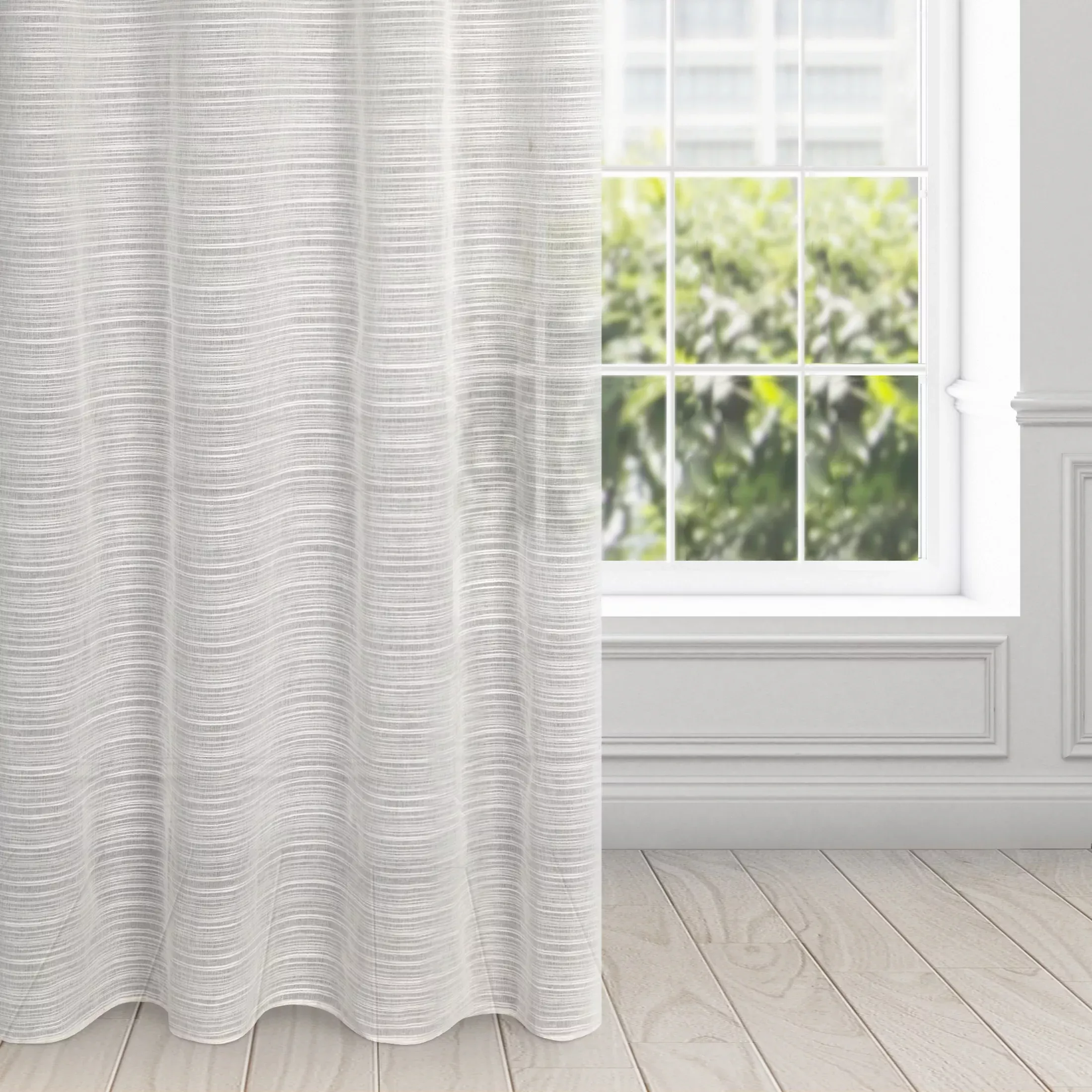 Firana beżowa z efektem deszczyku w poprzeczne prążki 140x250 cm przelotka ARIA