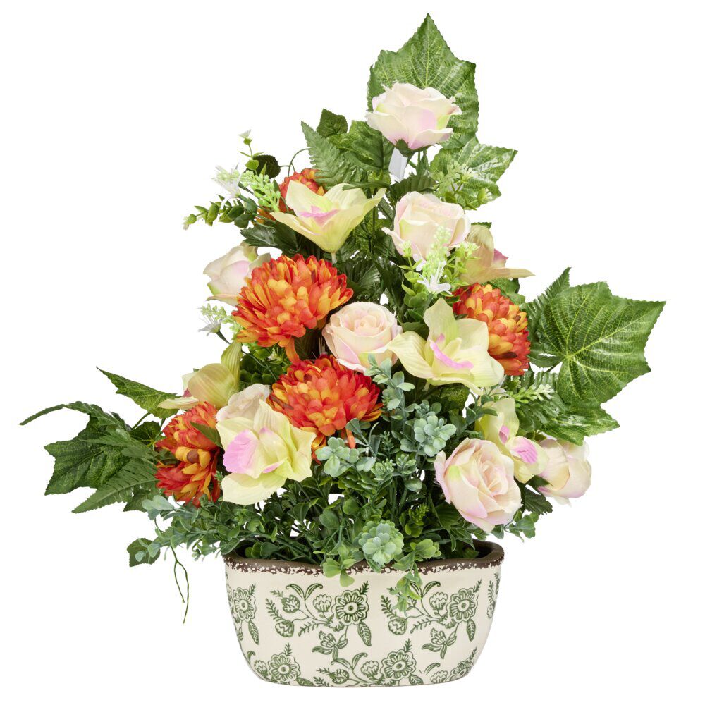 Jardinière céramique chrysanthèmes roses orchidées lierre 58x10xH62cm (3 modèles)