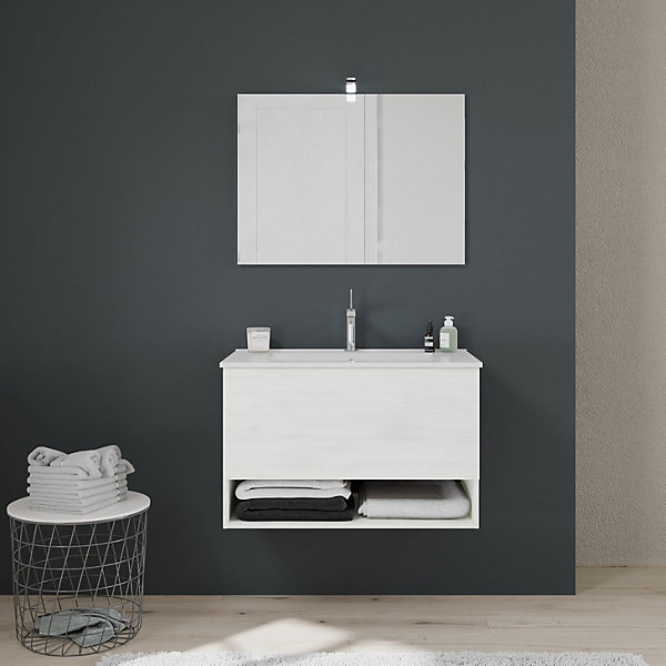 Mobile Suspendu Pour Salle De Bain, Tiroir   Compartiment Blanc Effet Bois - Venezia