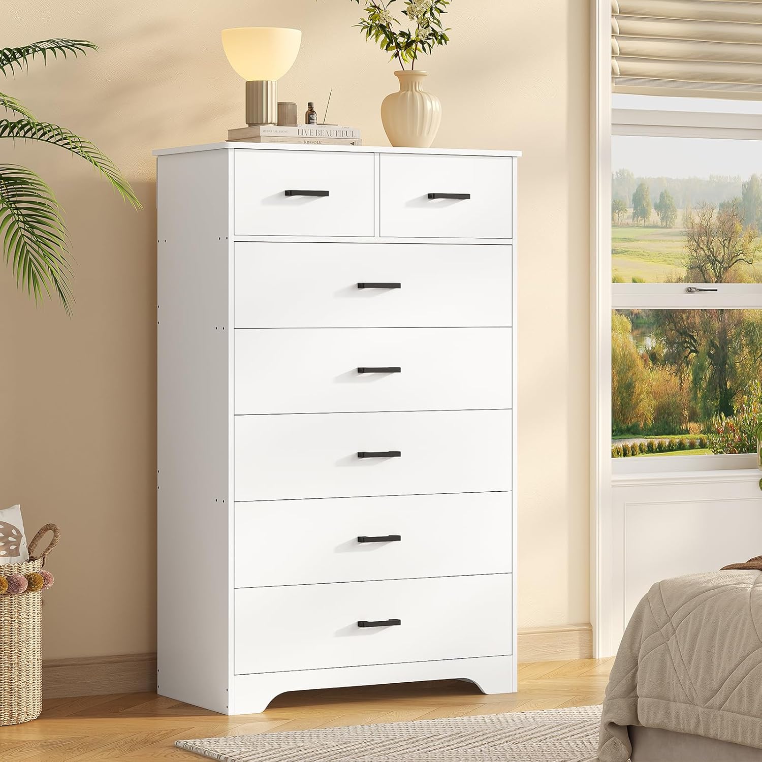 DICTAC White Dresser for Bedroom with 7 Drawers, 55.7 Tall Dressers Chest of Drawers, Modern Large Wood Storage Dresser Organizer with Metal Handle, Vertical Dressers for Bedroom Living Room Nursery