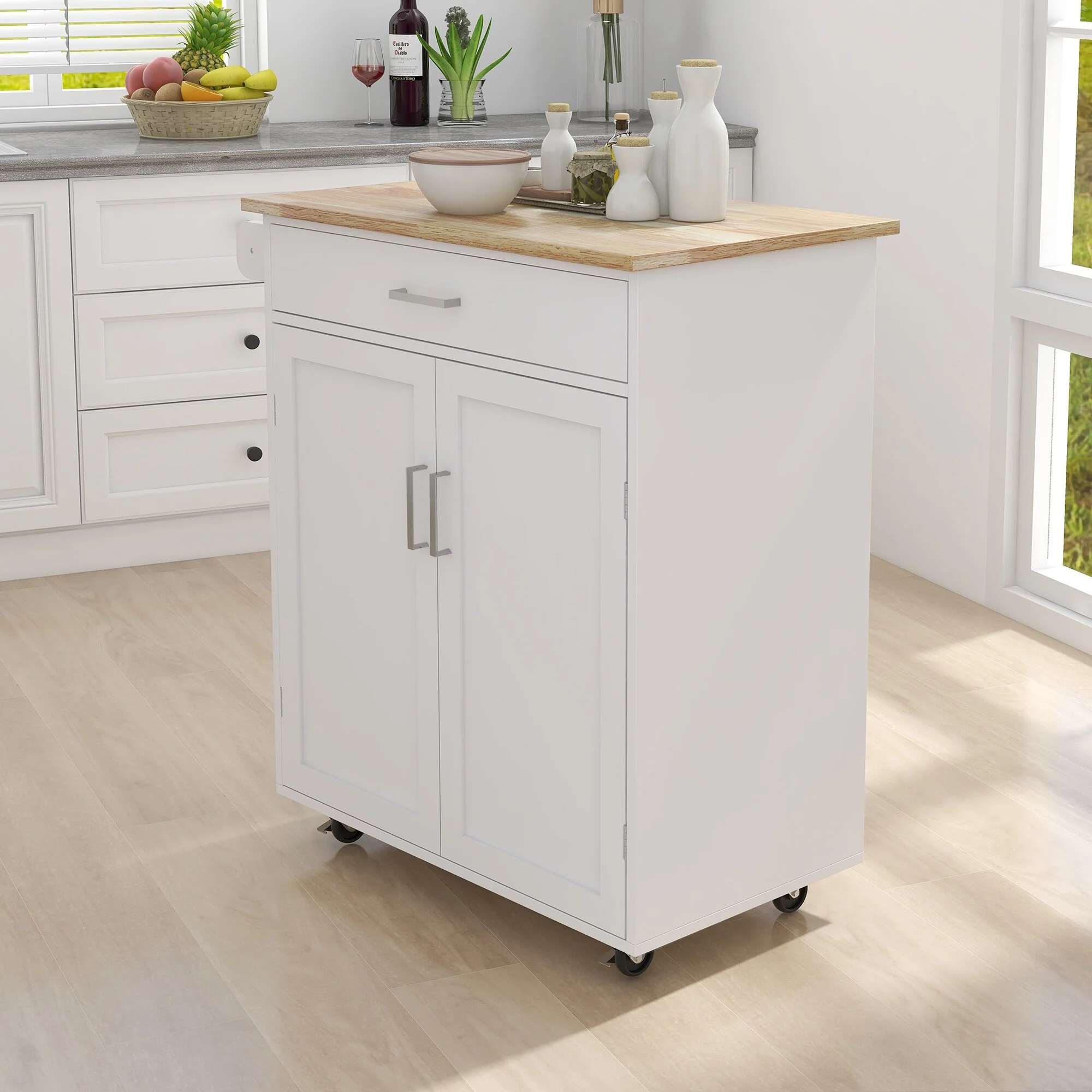 Kitchen Island Rolling Trolley Cart With Adjustable Shelves And Towel Rack Rubber Wood Table Top(no include stool)