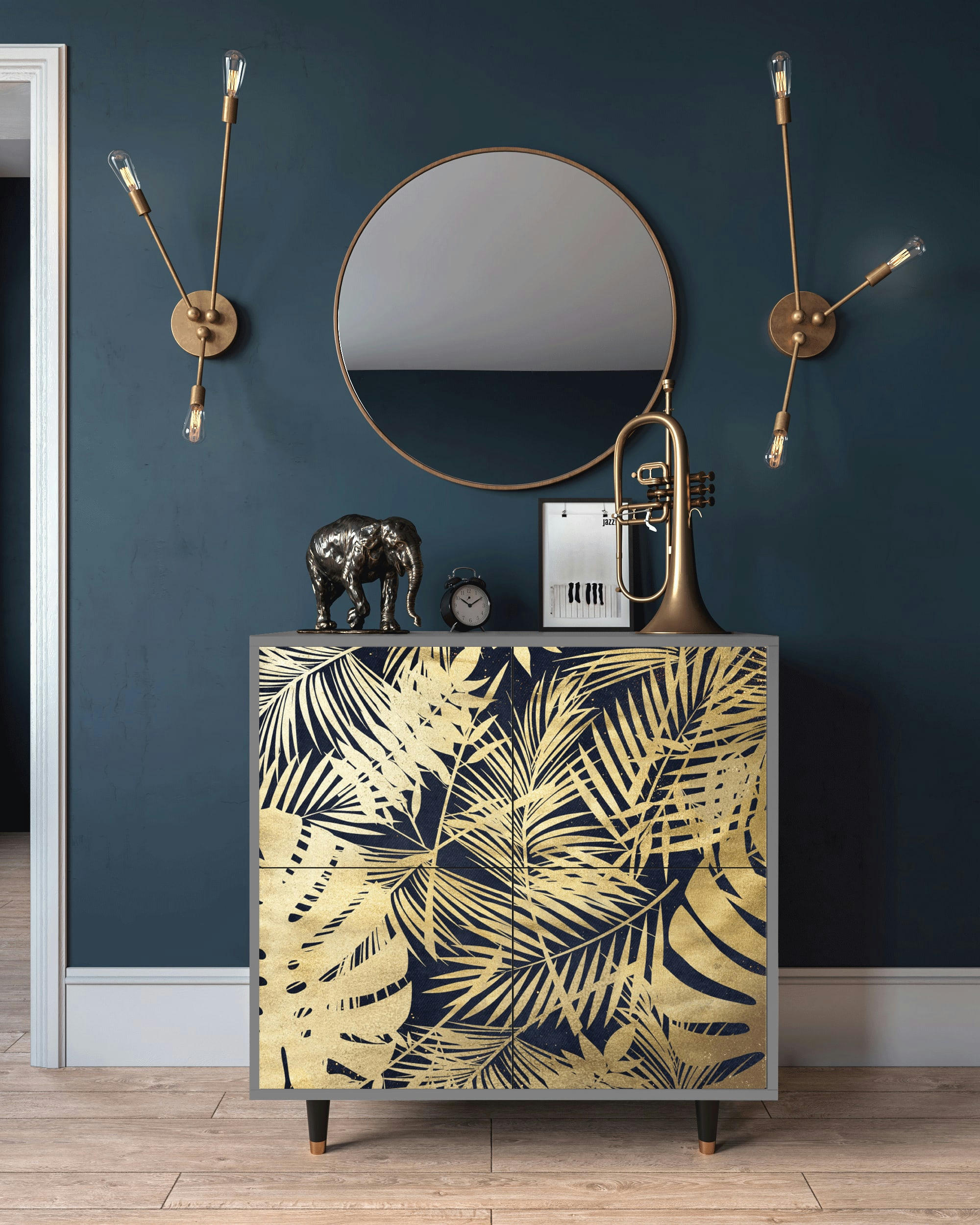JUNGLE VIBES - Buffet  bleu et jaune 4 portes L 94 cm