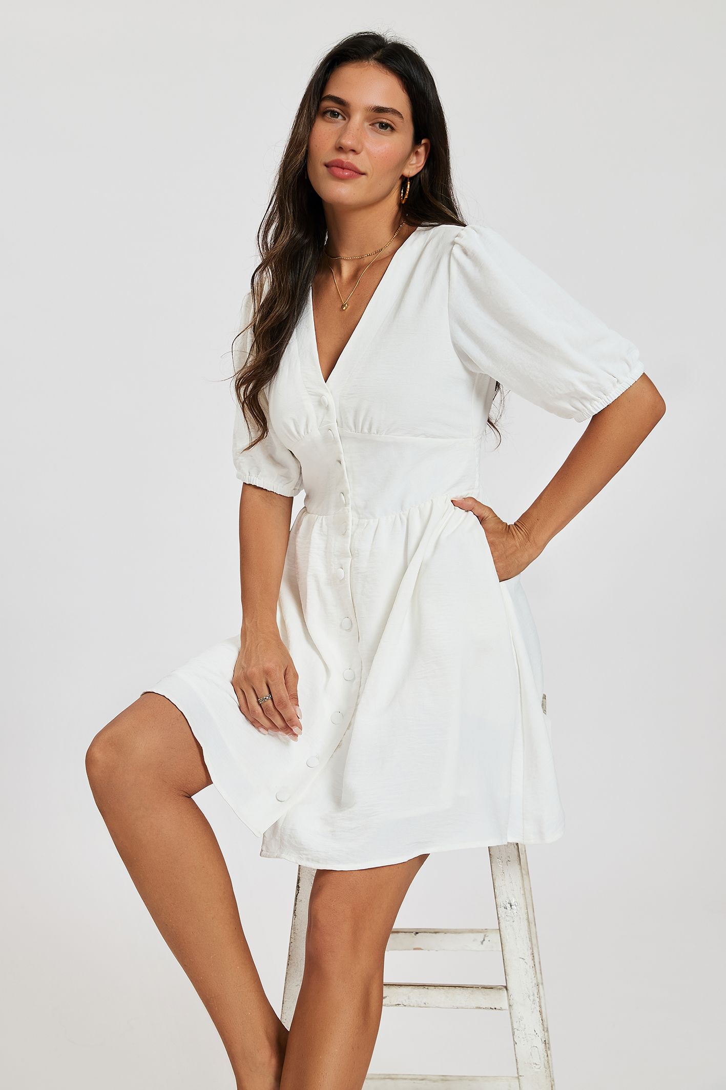 FS Collection Puff Sleeve Button Down Mini Dress