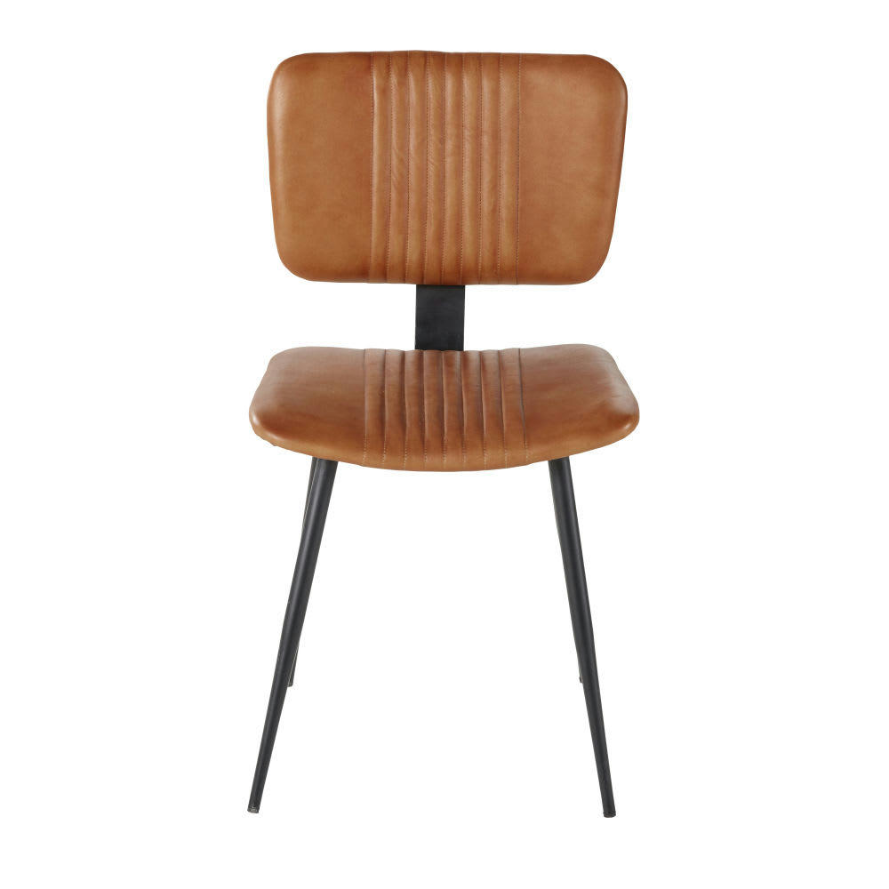 Connery - Chaise matelassée en cuir de buffle marron et métal noir