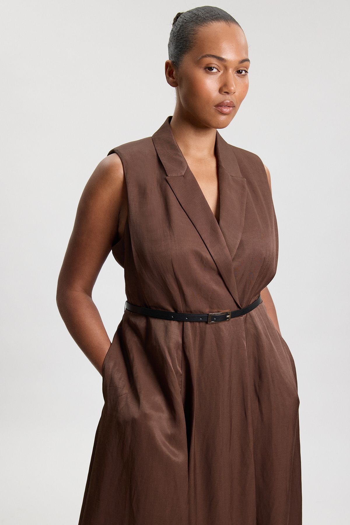 KarenMillen Plus Size Premium Viscose Linen Tailored Belted Full Skirted Midi Dress