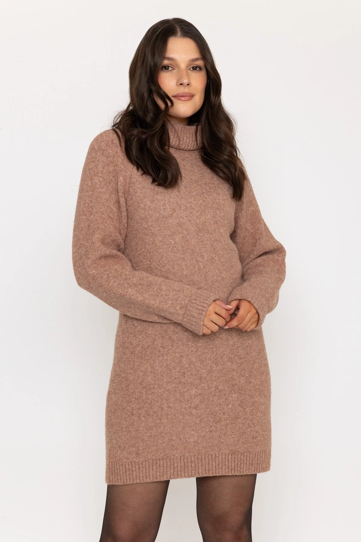 Camel Roll Neck Knit Dress
