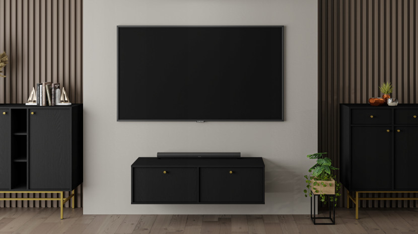 CZARNA SZAFKA RTV 120 cm AVILA Wisząca METALOWE Uchwyty 2D