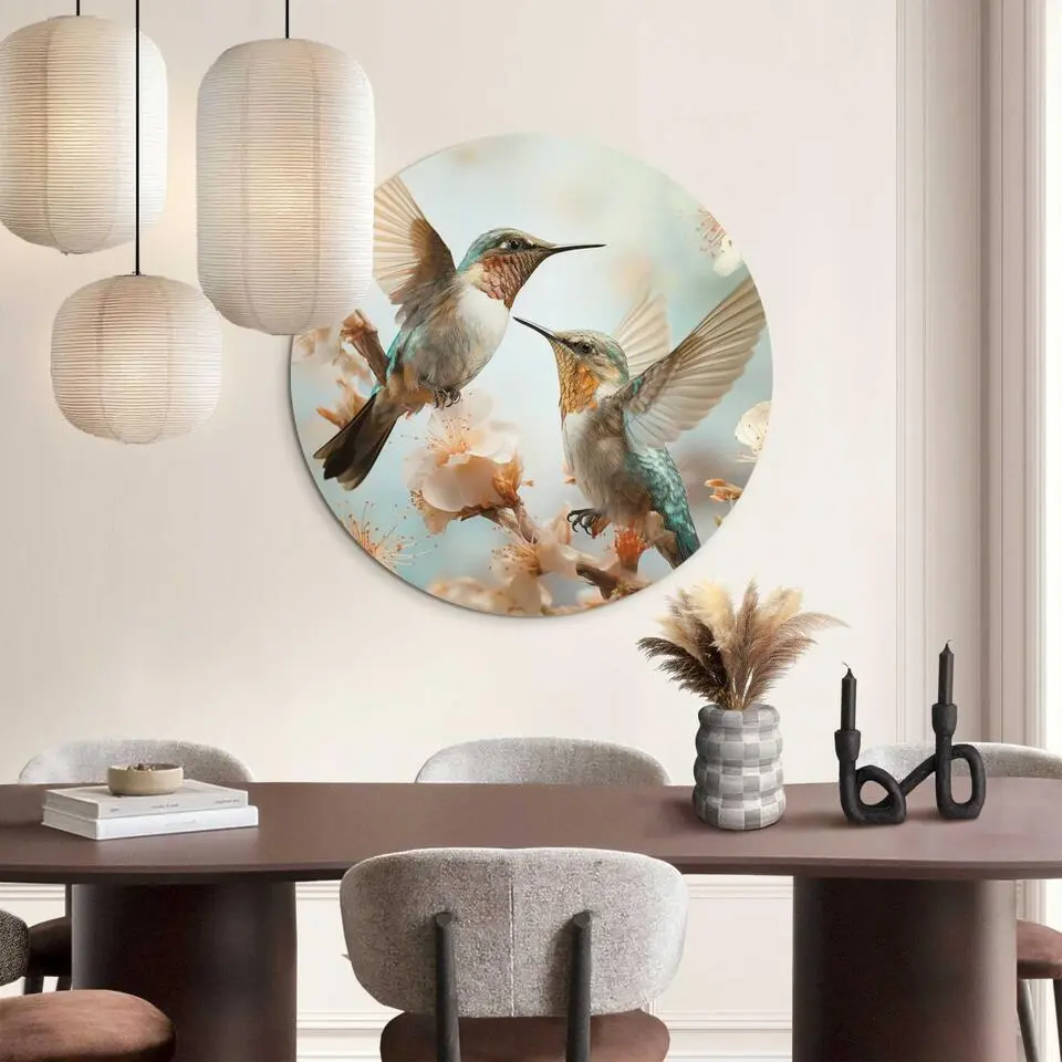 Glasschilderij Kolibri in de lente - &Oslash; 70 - Beige