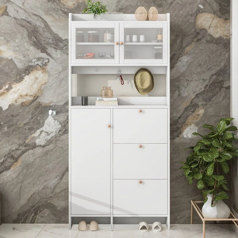 Hall Tree Shoe Cabinet with Open Storage Space, Multi-functional Foyer Cabinet with 3 Flip Drawers for Hallway, Black