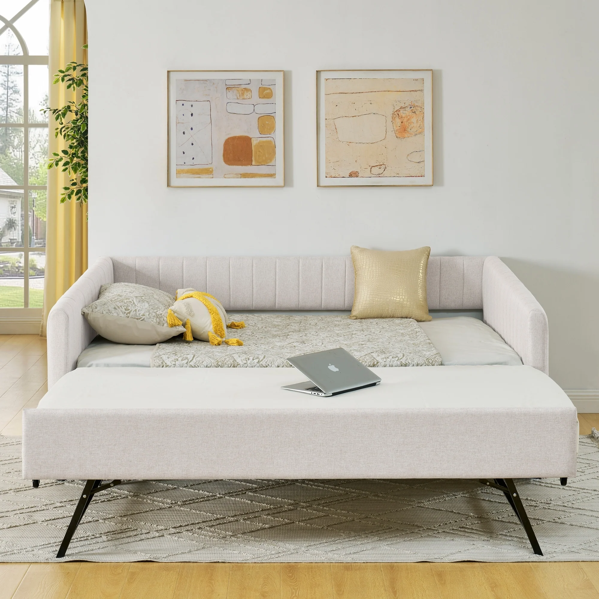 Full Size Daybed with Trundle Upholstered Sofa Bed, with Vertical Stripes, Linen Fabric, Beige (82.5x58x30)