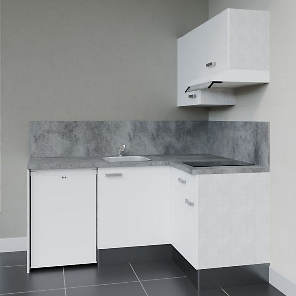 Kitchenette KA02 façades Blanc - Plan de travail Gris béton - Crédences : Oui - Evier inox - Electroménager Blanc inclus