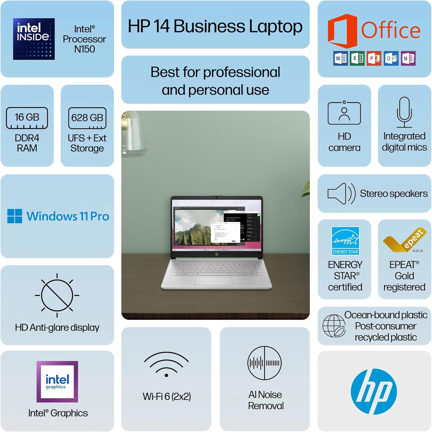 HP 14 Laptop 2025 Business Student Slim Computer  Lifetime MS Office  Copilot AI  Quad-Core Intel CPU  16GB RAM  628GB Storage (128GB UFS+500GB Ext)  MarxsolAccessory  Wi-Fi 6  Win 11 Pro  Green
