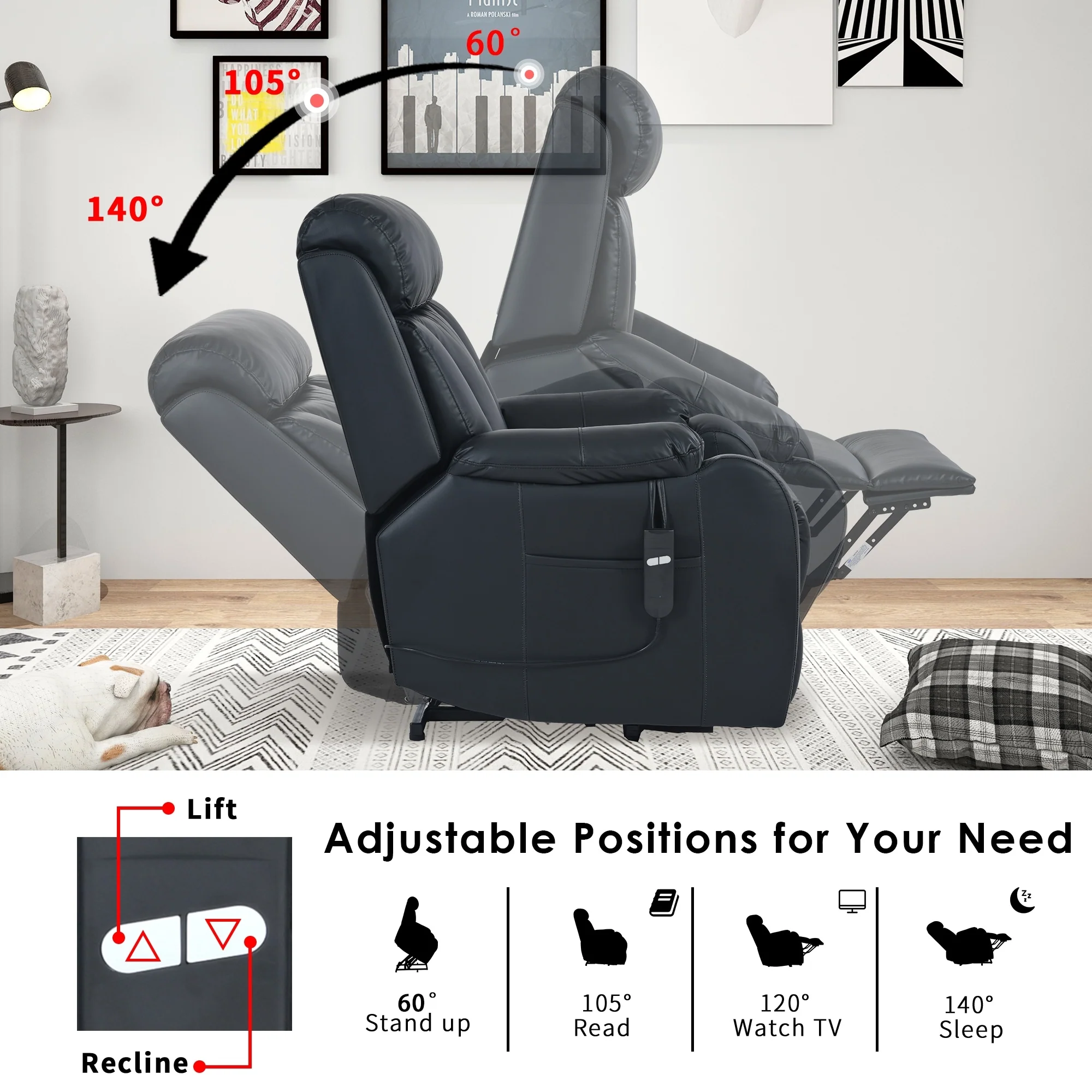 Electric Power Lift Recliner Chair for Seniors, Adjustable Reclining Seat with Side Pocket, Remote Control
