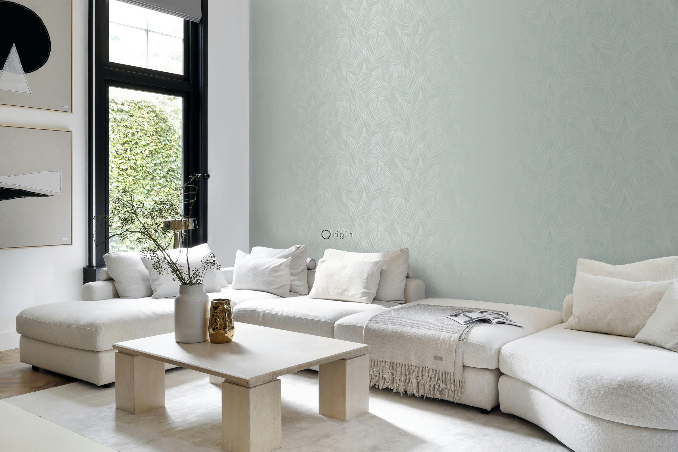CITY CHIC - papier peint feuilles de palmier vert céladon 0,53 x 10,05 m