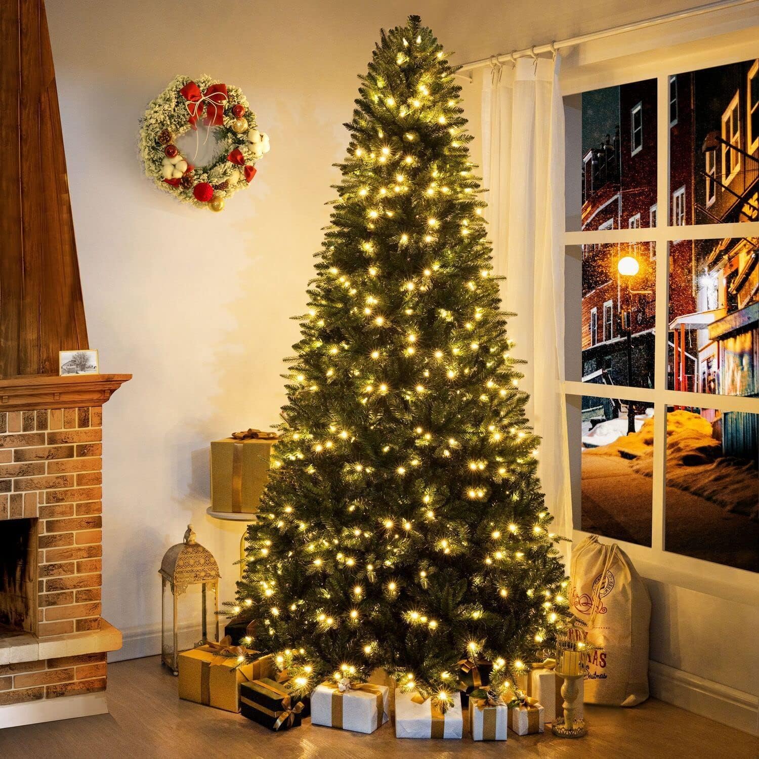 Naomi Home Traditional 7.5ft Prelit Artificial Christmas Tree with 1746 Branch Tips, 550 Warm Lights and Metal Stand, 52 Wide Realistic Fir Christmas Tree with Lights
