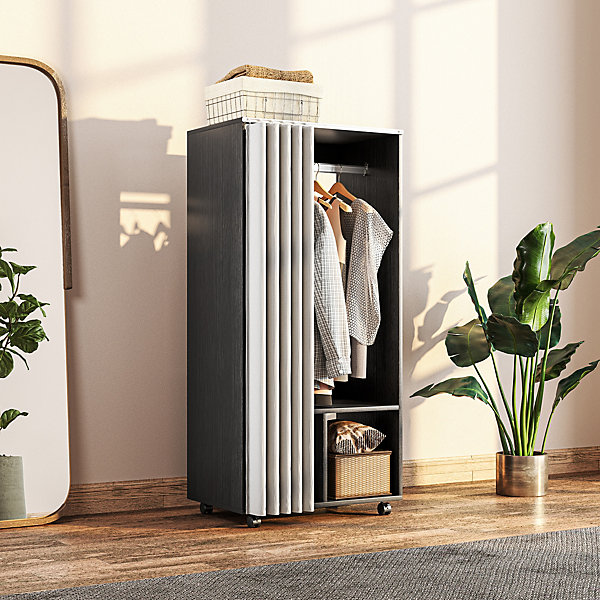 Armoire penderie sur roulettes - tringle penderie, 2 compartiments - effet bois noir rideau gris