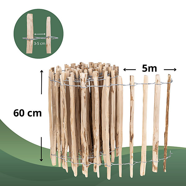 Creative Home Clôture en Bois de Noisetier - 60 cm x 5 m - Clôture en Rouleau avec Espacement de 3-5 cm - Bordure de Jardin