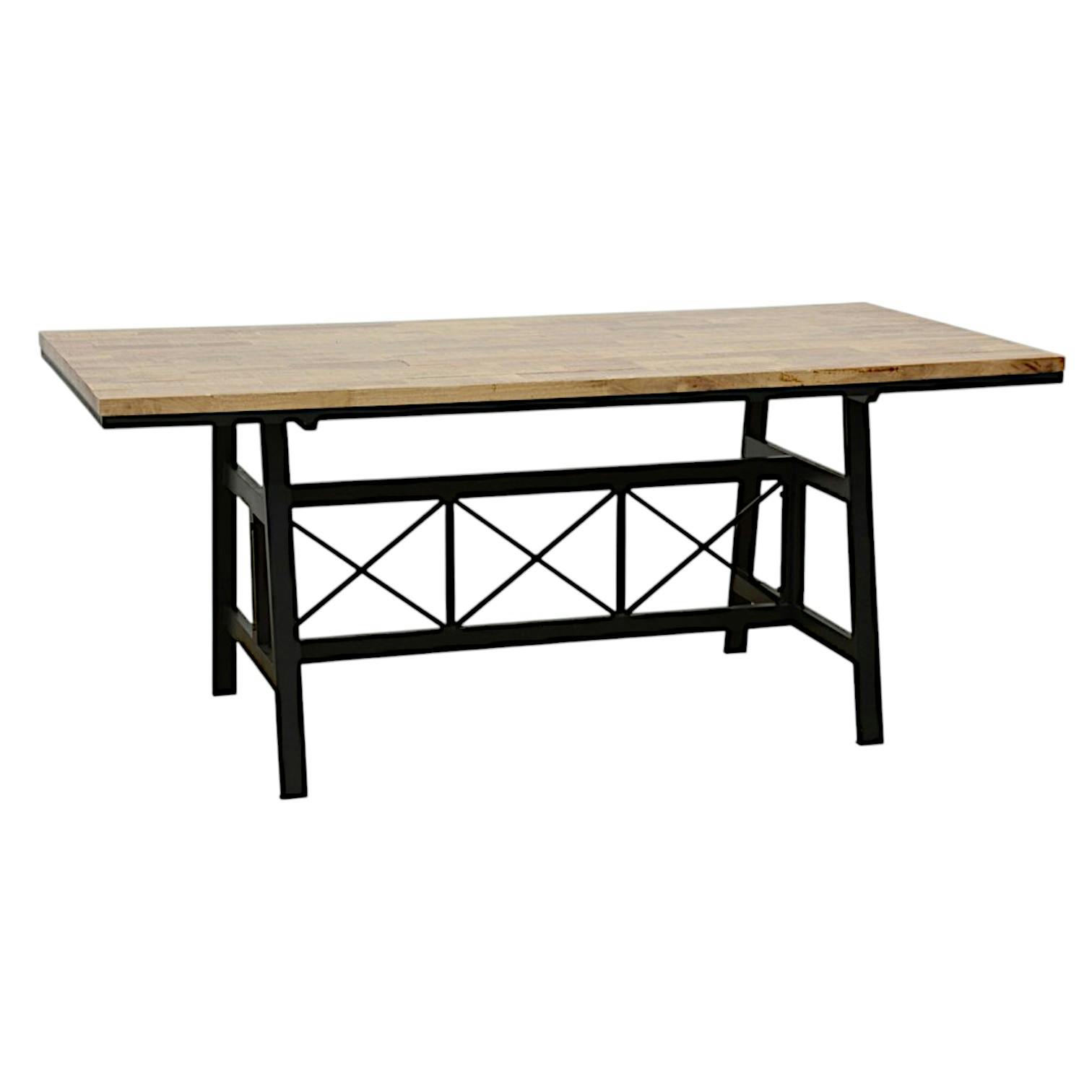 Table de Repas plateau en Hévéa recyclé naturel et pieds métal avec croisillons 180x90x76cm LOFT