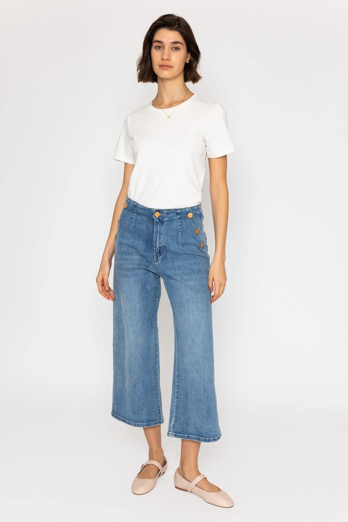 Blue Denim Wide Leg Cropped Jeans