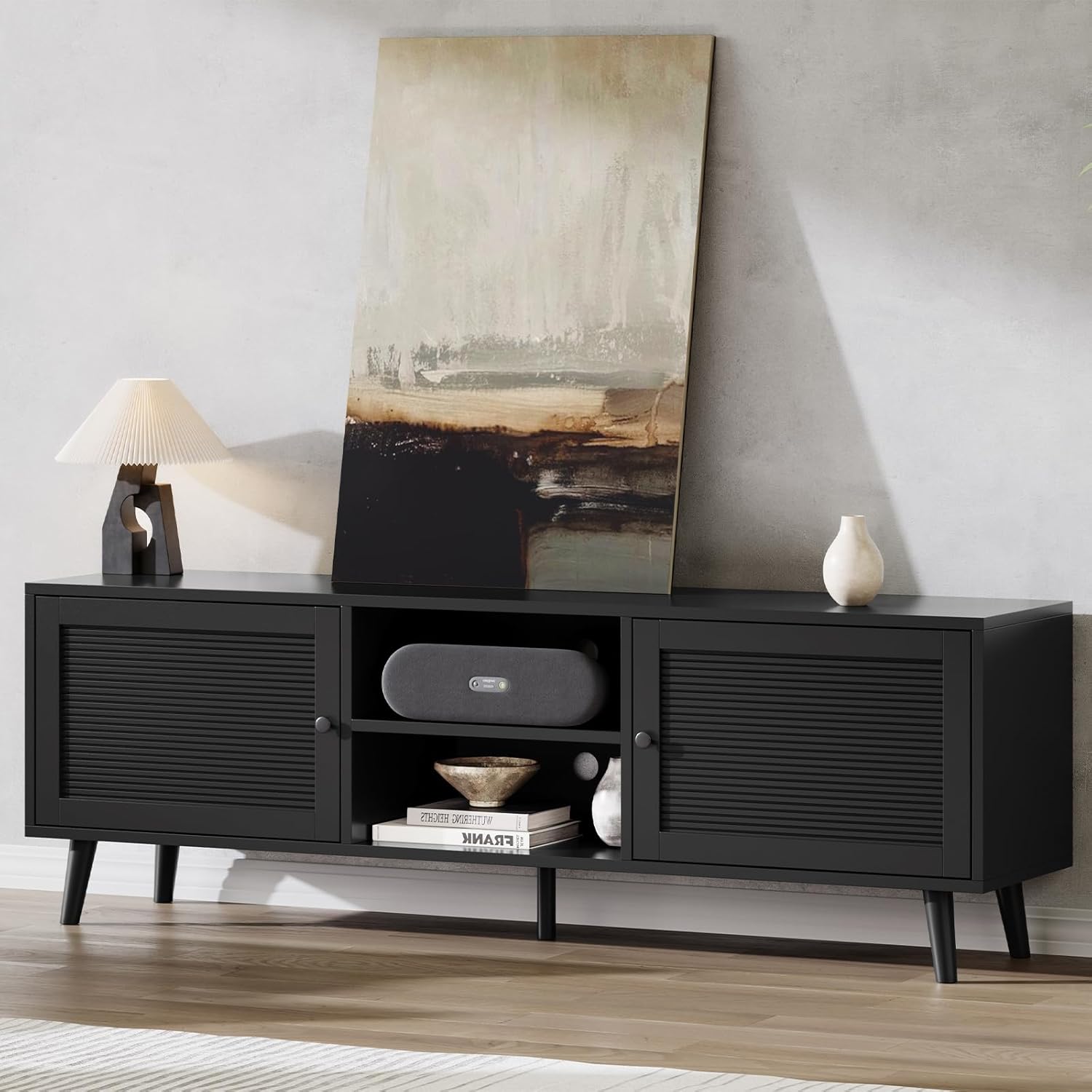 TV Stand for 70 inch TV, Black Fluted Entertainment Center for TV up to 80, TV Stand for Living Room with Large Open Storage