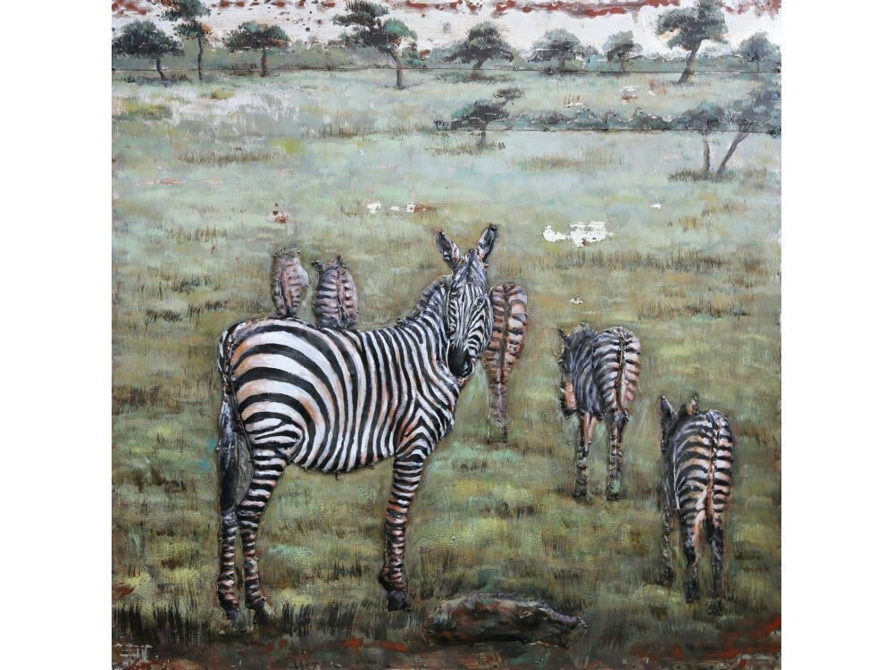 MÉTAL BRASS - Tableau relief en métal troupeau de zèbres 80x80