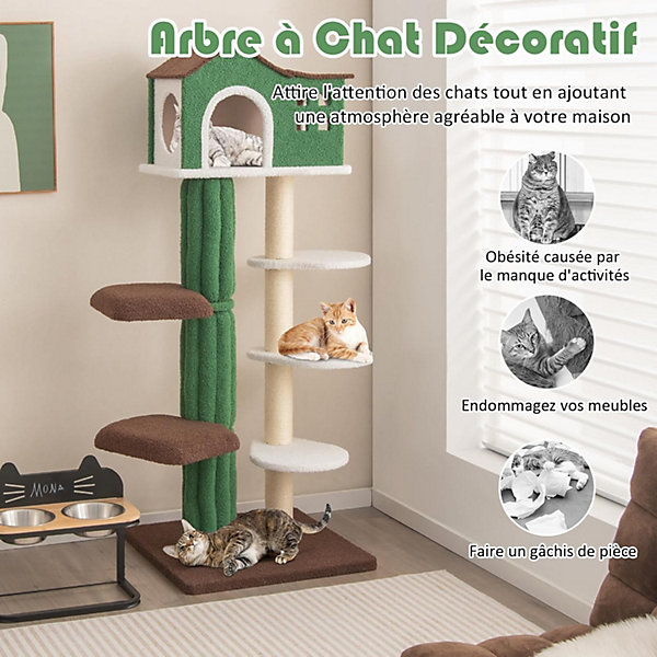Arbre à Chat 153CM à 7 Niveaux en Tissu Pelucheux en Mohair Poteaux à Griffes en Sisal Condo en Haut Vert et Marron