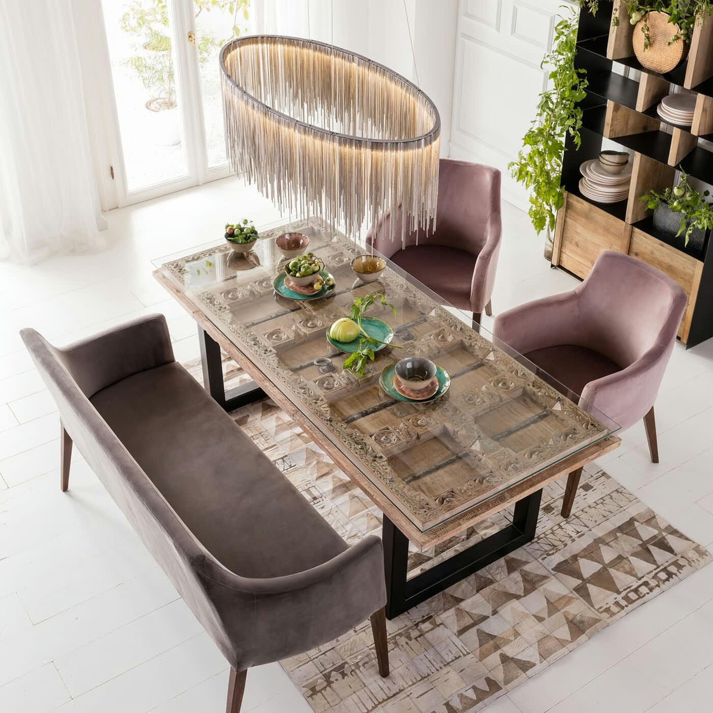 KALIF - Table à manger 8 personnes en manguier et verre L200