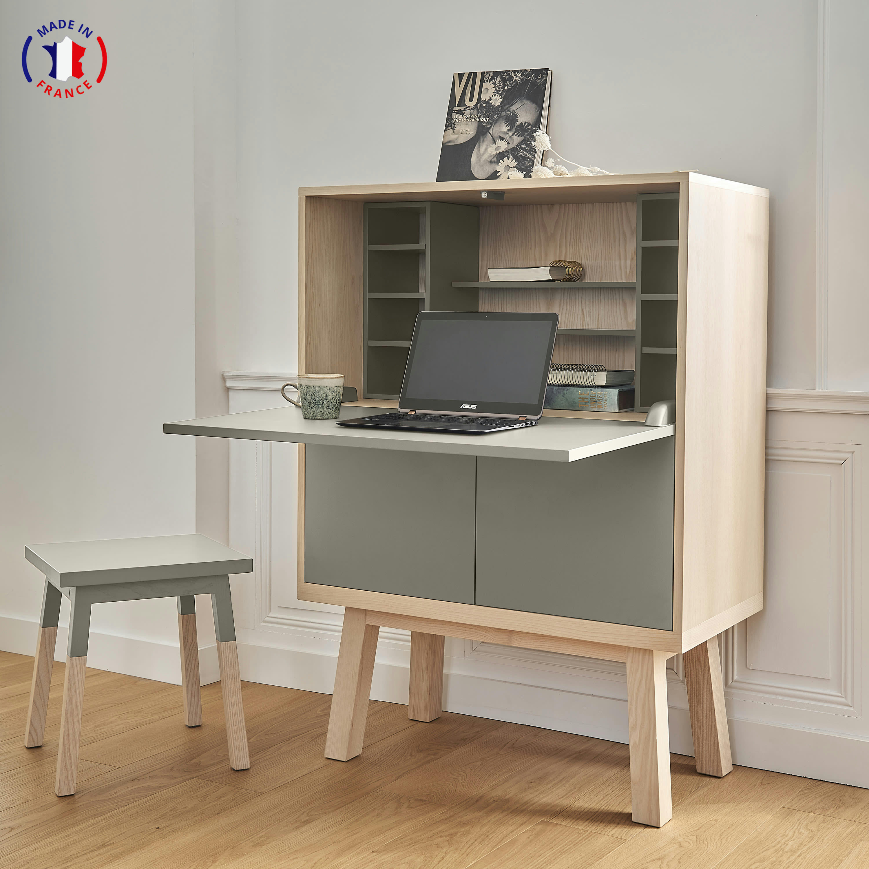 KUBE - Bureau secrétaire avec rangement de 90 cm de large, en frêne