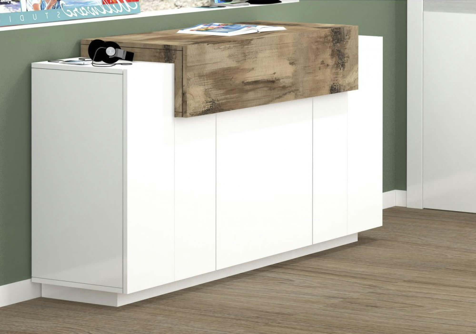 DMANAR - Buffet avec 4 portes effet bois blanc brillant et érable